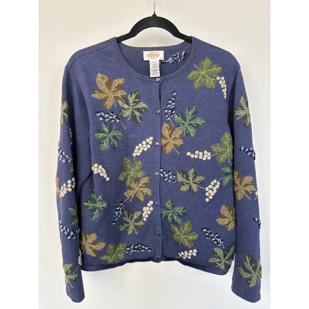 Talbots Blue Embroidered Leaf Berry Cardigan Sweater Cotton Wool Blend Large